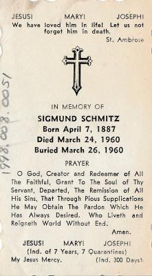 Funeral Prayer Card for Sigmund Schmitz, 1960