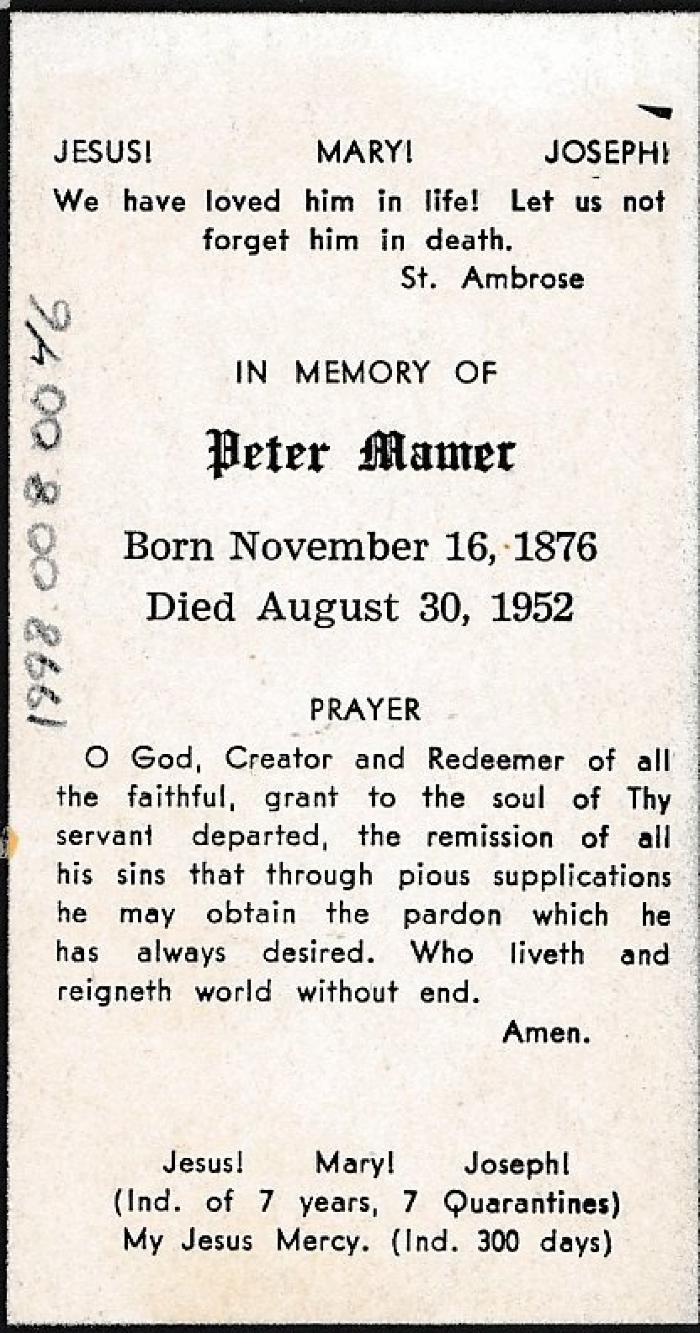 Funeral Prayer Card for Peter Mamer, 1952