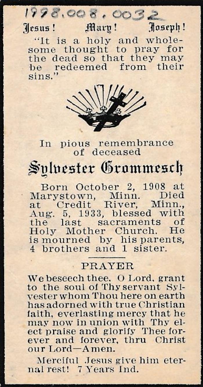 Funeral Prayer Card for Sylvester Grommesch, Marystown-Credit River, 1933