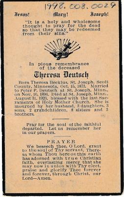 Funeral Prayer Card for Theresea Beckius Deutsch, St. Joseph, 1926