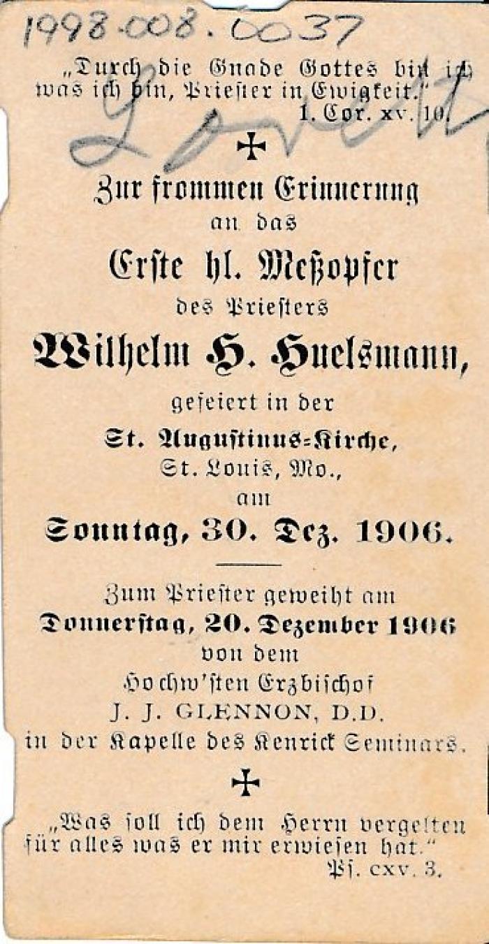 Funeral Prayer Card for Wilhelm Suelsmann, 1906