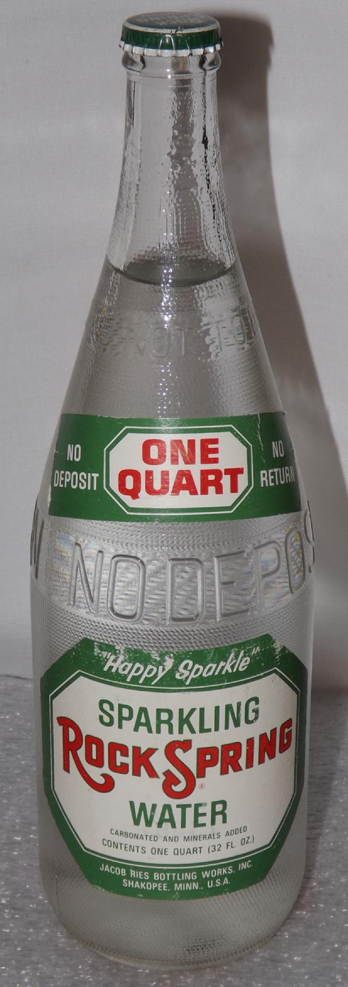 Glass Bottle for Rock Spring Sparkling Water, Jacob Ries Bottling Works, Shakopee, 1950