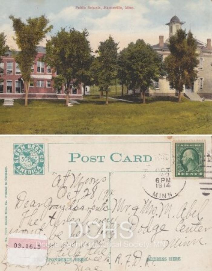 Colorized picture postcard of public schools in Mantorville, Minn. 