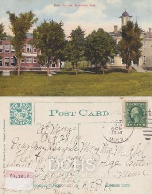 Colorized picture postcard of public schools in Mantorville, Minn. 