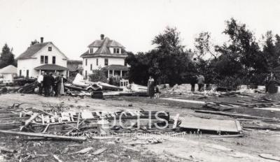 Black and white photograph of debris from tornado 