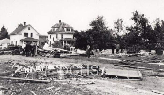 Black and white photograph of debris from tornado 