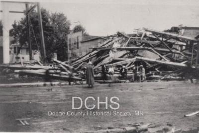 Black and white photograph of collapsed water tower