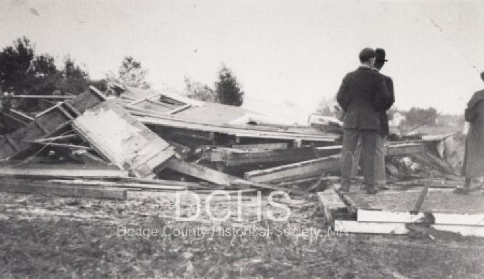 Black and white photograph of collapsed Sunwall house due to tornado