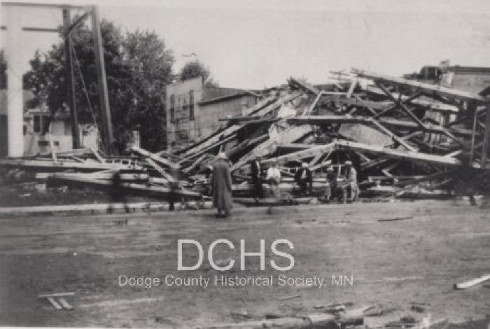 Black and white photograph of collapsed water tower