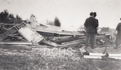 Black and white photograph of collapsed Sunwall house due to tornado