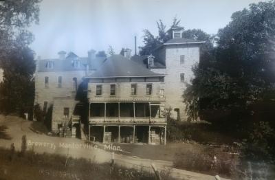 Black and white photograph of the Mantorville Brewery