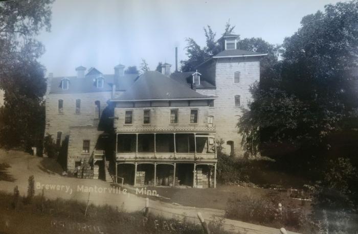 Black and white photograph of the Mantorville Brewery
