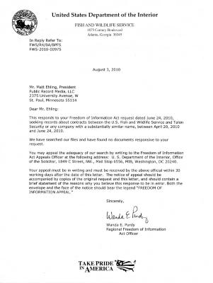 Correspondence pertaining to 2010 FOIA request for U.S. Fish and Wildlife records