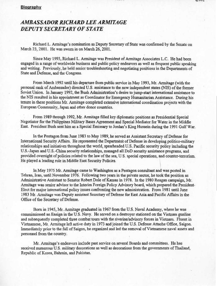 U.S. State Department biography of Richard Armitage.