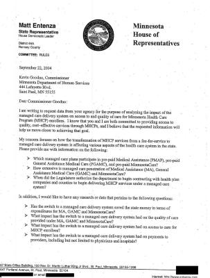 2004 letter from State Representative Matt Entenza to Humans Services Commissioner Kevin Goondo