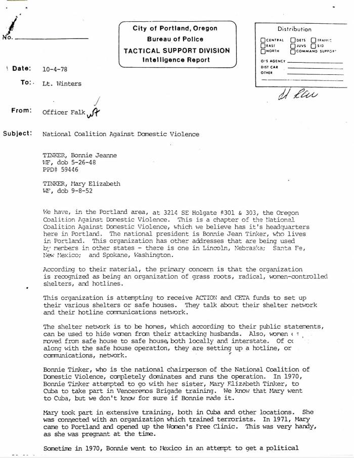 1978 City of Portland Bureau of Police intelligence report on Bonnie Tinker of the National Coalition Against Domestic Violence