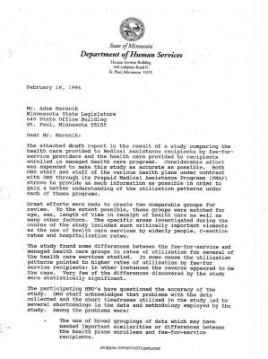 Draft Minnesota Department of Human Services report regarding managed care, circa 1994.