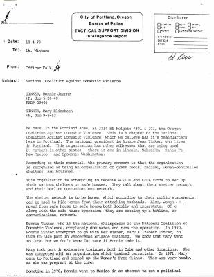 1978 City of Portland Bureau of Police intelligence report on Bonnie Tinker of the National Coalition Against Domestic Violence