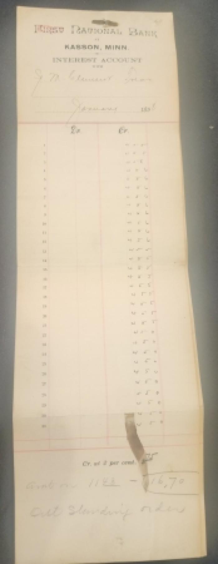 First National Bank interest account. March 1897 thru January 1898