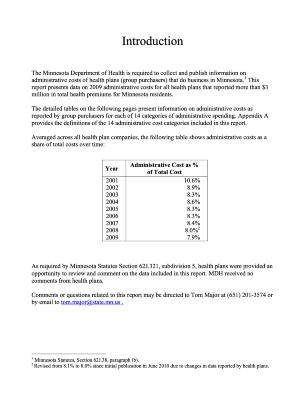 2009 Minnesota Department of Health report on administrative costs of public health plans.