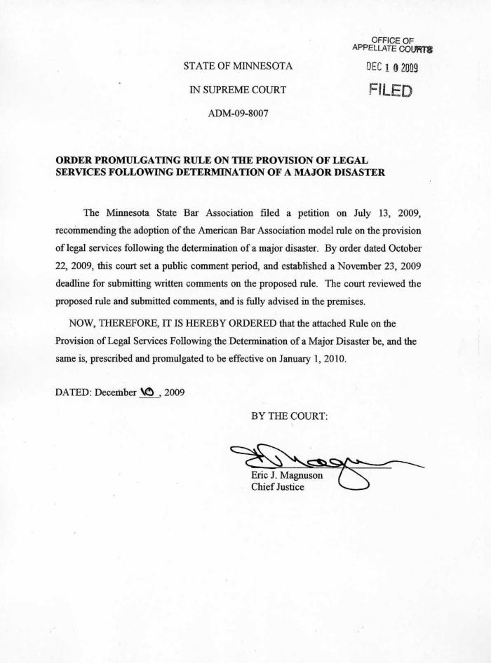 Order promulgating rules on the provision of legal services following determination of a major disaster in Minnesota. 