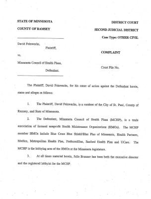 Complaint in civil lawsuit between David Feinwachs and the Minnesota Council of Health Plans, filed 2011.  