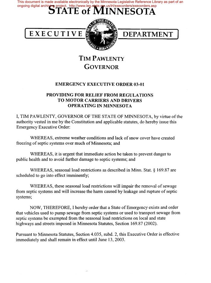Collection of executive orders of Governor Tim Pawlenty.