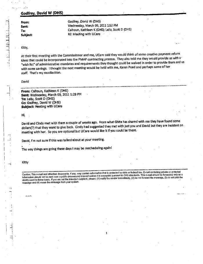 Collection of e-mails from the Minnesota Department of Human Services pertaining to UCare, circa 2011.
