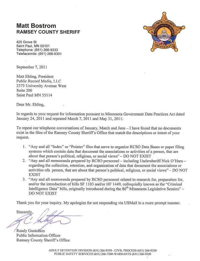Correspondence between Randy Gunderson of the Ramsey County Sheriff’s Office and Matt Ehling of Public Record Media.