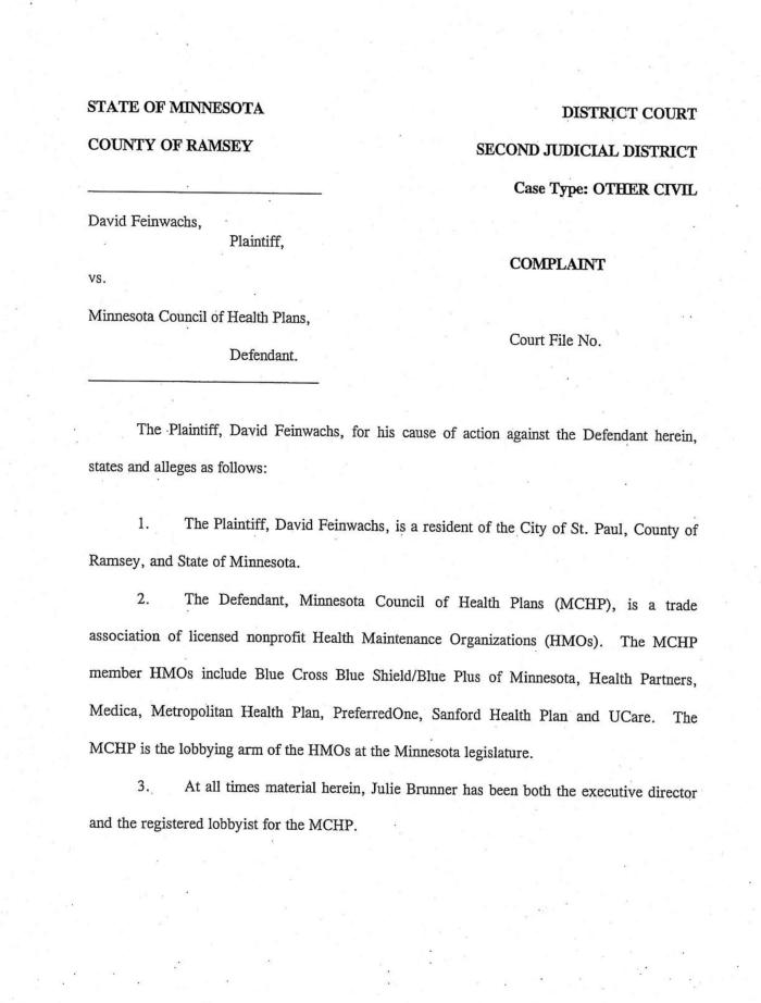 Complaint in civil lawsuit between David Feinwachs and the Minnesota Council of Health Plans, filed 2011.  