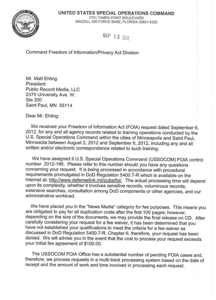 2012 FOIA request filed with U.S. Special Operations Command by Public Record Media (PRM).