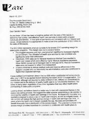Letter from UCare CEO Nancy Feldman to Minnesota Senator David Hann, March 16, 2011.