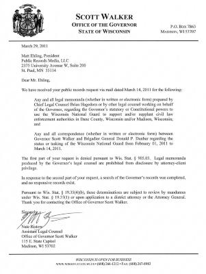 Letter from Nate Ristow of Wisconsin Governor Scott Walker’s office to Matt Ehling of Public Record Media (PRM), and related correspondence.