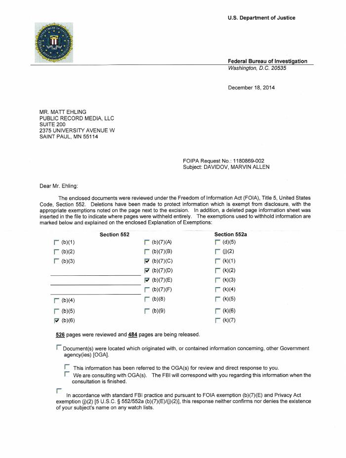 Second collection of FBI records from FOIA request for documents related to anti-war activist Marvin Allen (Marv) Davidov. 