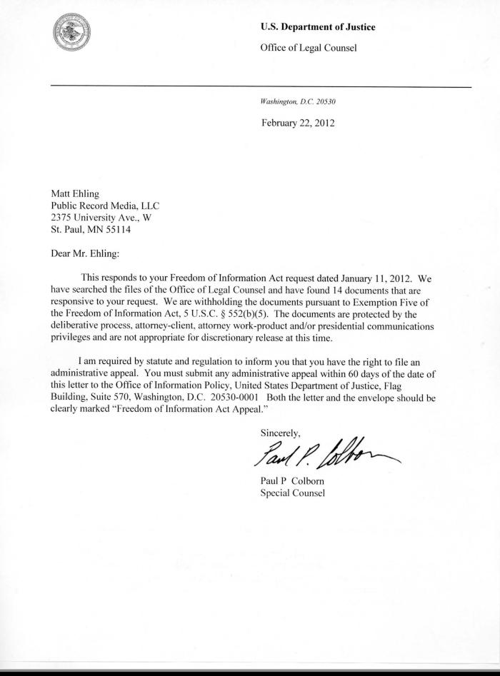 2012 FOIA request to the U.S. Department of Justice Office of Legal Counsel (OLC), filed by Public Record Media (PRM).