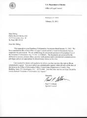 2012 FOIA request to the U.S. Department of Justice Office of Legal Counsel (OLC), filed by Public Record Media (PRM).