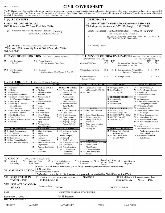 Collection of documents related to 2012 litigation between Public Record Media (PRM) and the U.S. Department of Health and Human Services. 