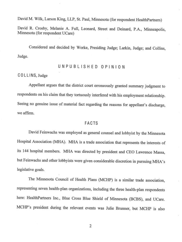 MN Court of Appeals opinion in David Feinwachs v. Minnesota Council of Health Plans (MCHP).
