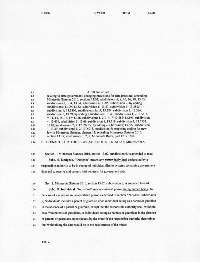 2012 legislative proposal to modify portions of the Minnesota Government Data Practices Act, brought forward by the Information Policy Analysis Division (IPAD). 