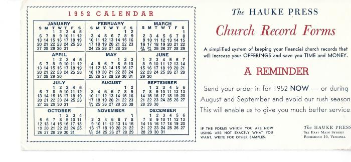 Ink blotter: The Hauke Press 1952 calendar [copy 2]