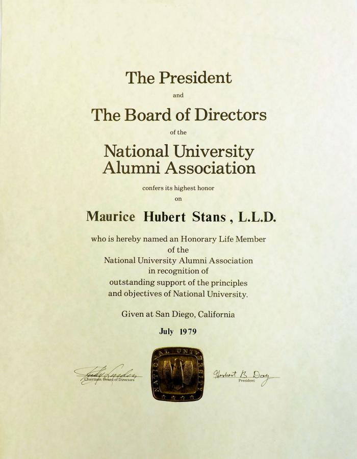 National University Alumni Association Certificate for Maurice Stans, 1979