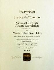 National University Alumni Association Certificate for Maurice Stans, 1979