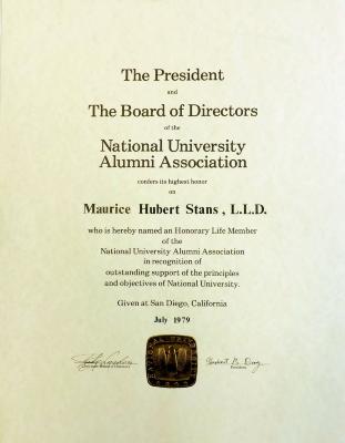 National University Alumni Association Certificate for Maurice Stans, 1979