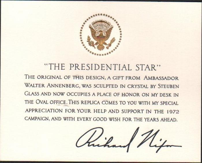 Presidential Star Acrylic Replica, Washington, D.C., 1972