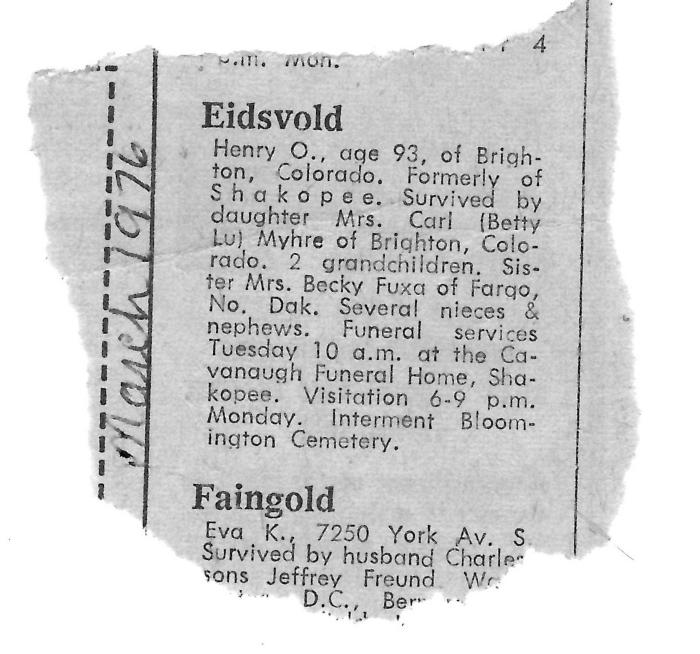 Clipping: Obituary Henry Eidsvold