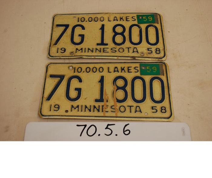 Minnesota License Plate, Number 7G 1800