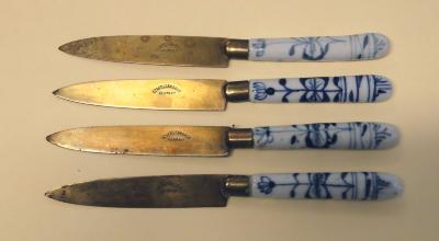 Set of Four 6-1/4" Gold Metal Fruit Knives w/ Porcelain Handles - Coller Family, Shakopee, 1900