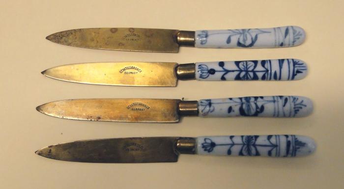 Set of Four 6-1/4" Gold Metal Fruit Knives w/ Porcelain Handles - Coller Family, Shakopee, 1900