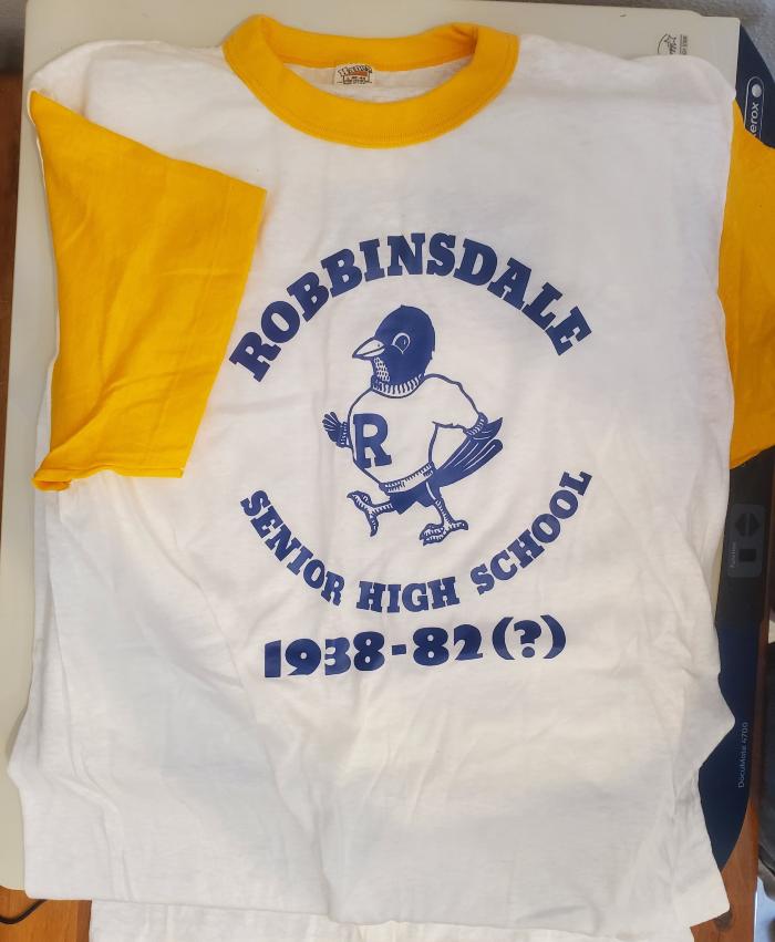 T-shirt, "Robbinsdale Senior High School, 1938 - 82(?)", 1982