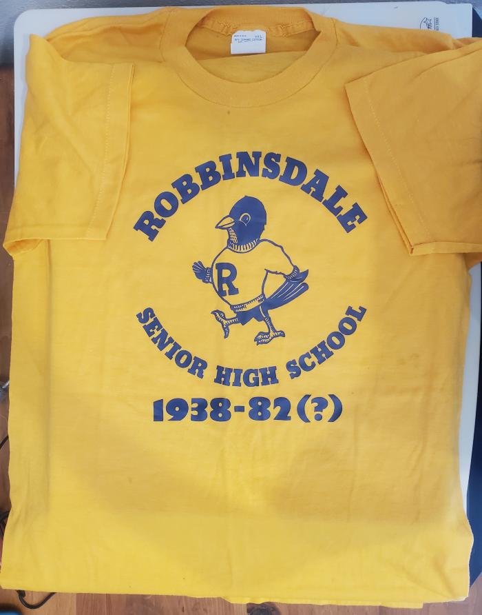 T-shirt, "Robbinsdale Senior High School, 1938 - 82(?)", 1982